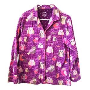 Nick & Nora Owl Print Button Down Sleep Shirt Size Large Purple